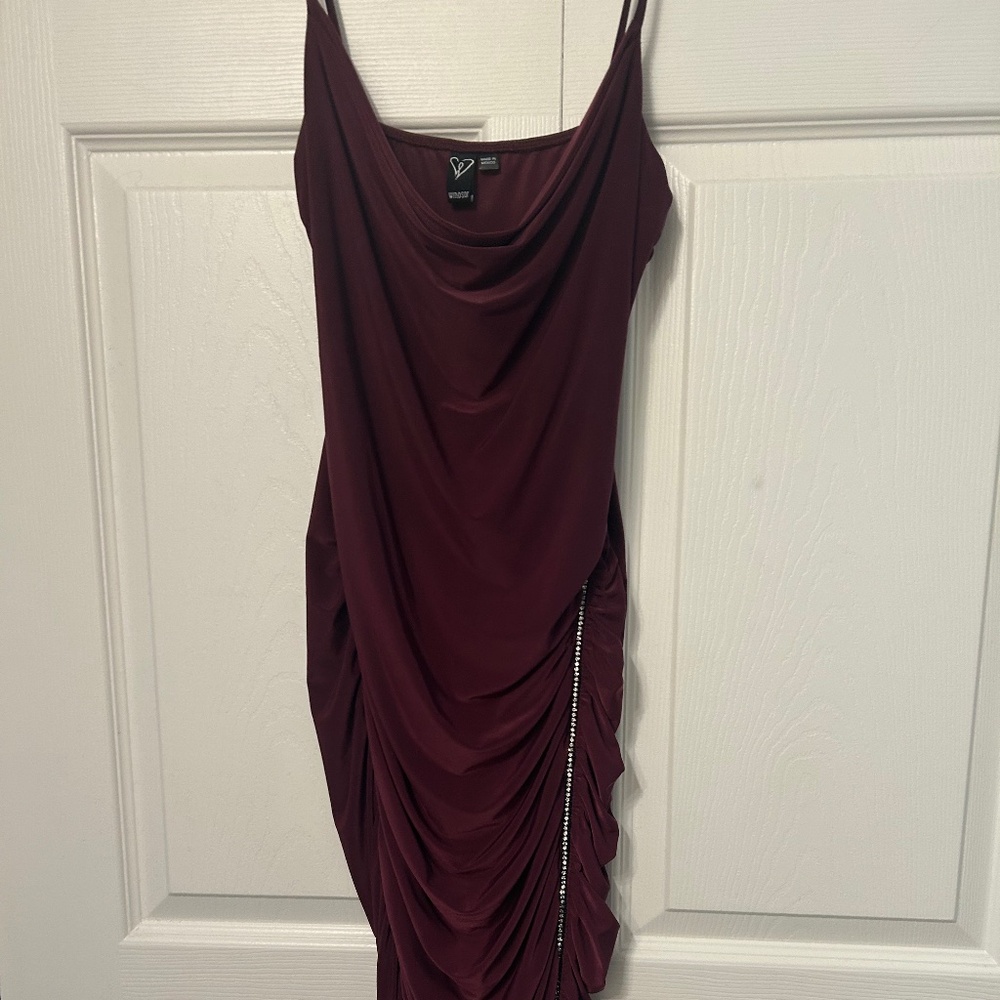 Burgundy Spaghetti Strap, satin midi dress